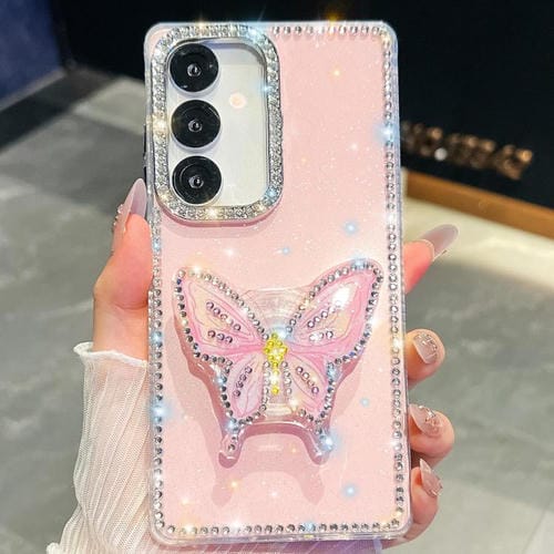 Funda con soporte para Samsung Galaxy S25 5G, diseño de mariposa y diamantes (rosa claro)