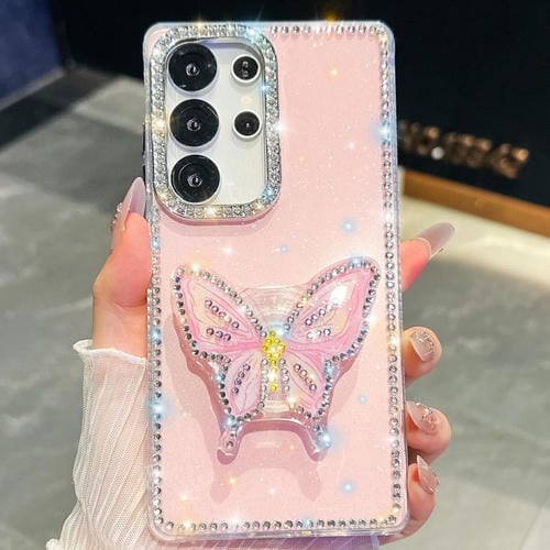 Funda con soporte para Samsung Galaxy S23 Ultra 5G, diseño de mariposa con purpurina y diamantes (rosa claro)