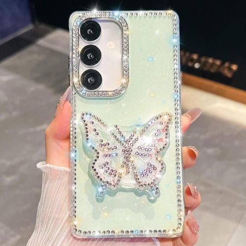 Funda con soporte para Samsung Galaxy A07 5G, diseño de mariposa con purpurina y diamantes (verde claro)