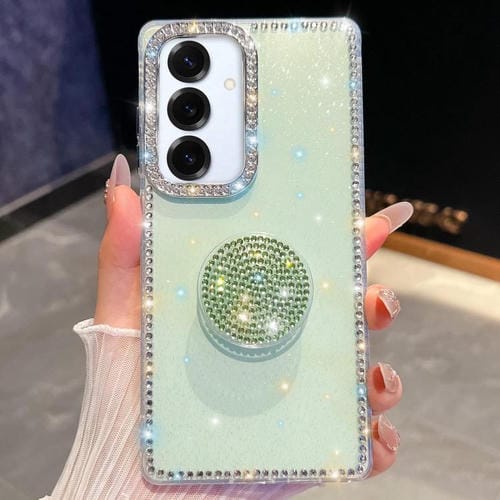 Funda con soporte redondo y purpurina de diamante para Samsung Galaxy S25 5G (verde claro)