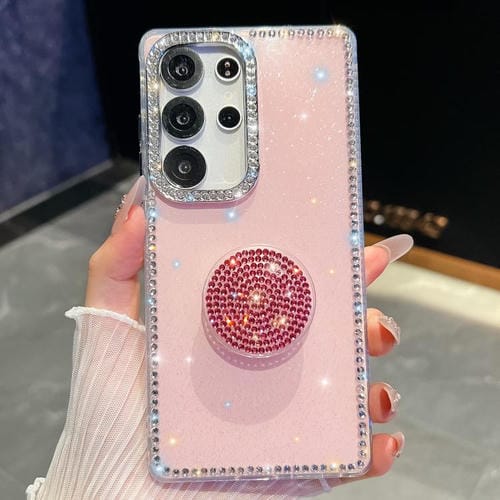 Funda con soporte redondo y purpurina de diamante para Samsung Galaxy S25 Ultra 5G (rosa claro)