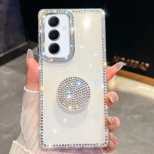 Funda con soporte redondo y purpurina de diamante para Samsung Galaxy A55 5G (blanca)