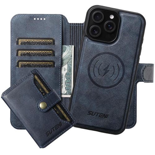 Funda de cuero Suteni Q05S1 3 en 1 con función de billetera desmontable y MagSafe para iPhone 16 Pro (azul)