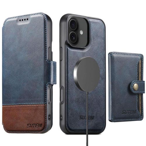 Funda de cuero Suteni Q06S1 3 en 1 con función de billetera desmontable y MagSafe para iPhone 16 (azul)