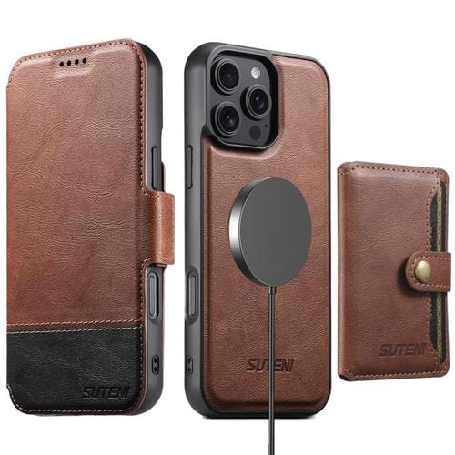 Funda de cuero Suteni Q06S1 3 en 1 con función de billetera desmontable y MagSafe para iPhone 15 Pro (marrón)
