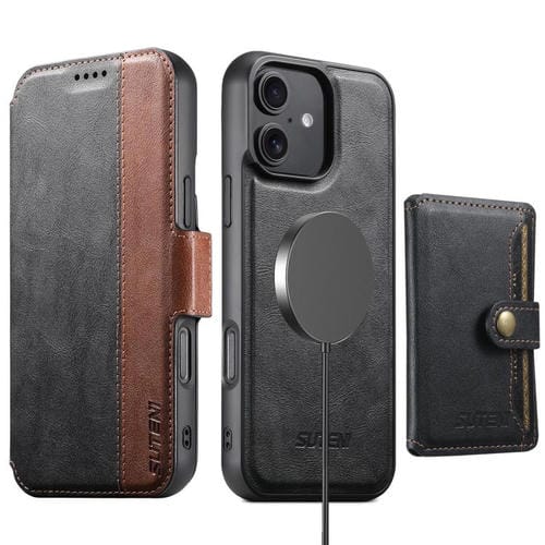 Funda de cuero Suteni Q07S1 3 en 1 con cierre magnético y billetera desmontable para iPhone 16 (negro)