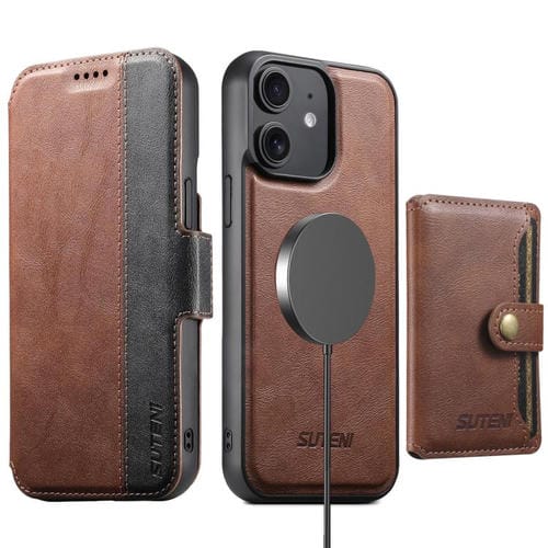 Funda de cuero Suteni Q07S1 3 en 1 con cierre magnético y billetera desmontable para iPhone 12 (marrón)