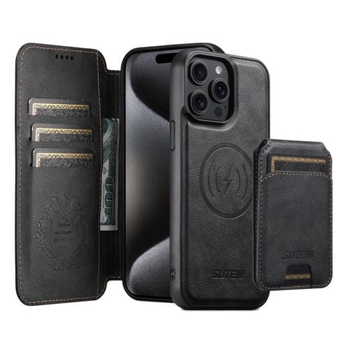 Funda de cuero Suteni Q05S2 3 en 1 con tapa vertical desmontable y función de cierre magnético para iPhone 15 Pro Max (negro)