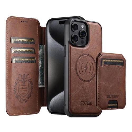 Funda de cuero Suteni Q05S2 3 en 1 con tapa vertical desmontable y función MagSafe para iPhone 15 Pro (marrón)