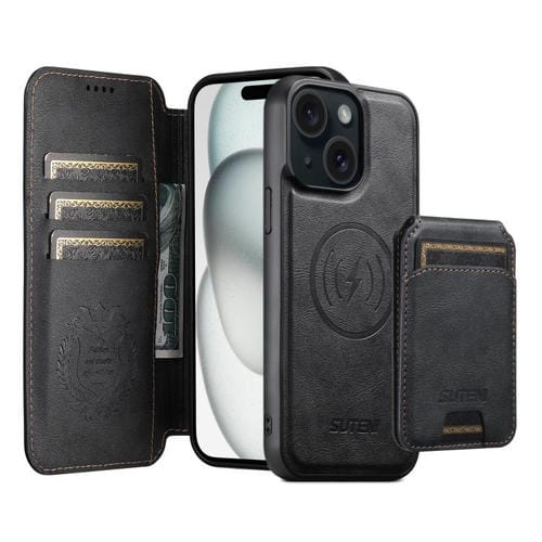 Funda de cuero Suteni Q05S2 3 en 1 con tapa vertical desmontable y función de cierre magnético para iPhone 15 Plus (negro)