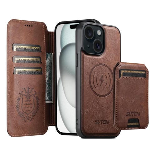 Funda de cuero Suteni Q05S2 3 en 1 con tapa vertical desmontable y función MagSafe para iPhone 15 (marrón)