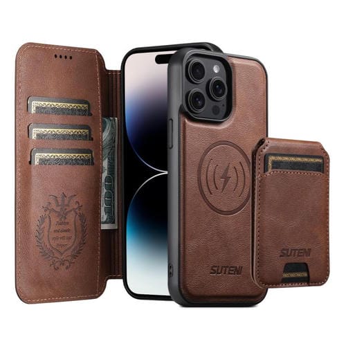 Funda de cuero Suteni Q05S2 3 en 1 con tapa vertical desmontable y función MagSafe para iPhone 14 Pro Max (marrón)