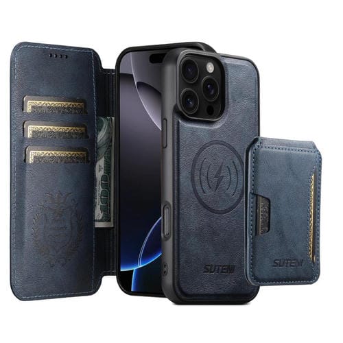 Funda de cuero Suteni Q05S3 3 en 1 con tapa vertical desmontable y función de cierre magnético para iPhone 16 Pro Max (azul)