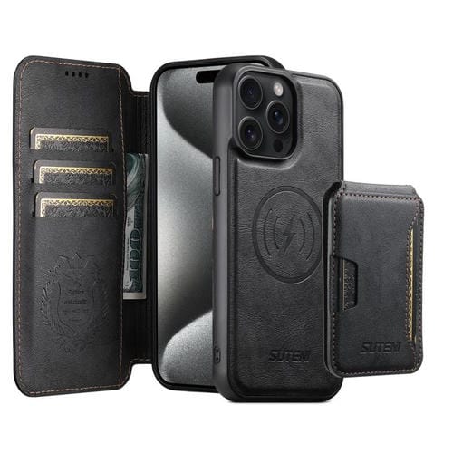 Funda de cuero Suteni Q05S3 3 en 1 con tapa vertical desmontable y función de cierre magnético para iPhone 15 Pro Max (negro)