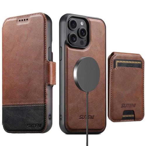 Funda de cuero Suteni Q06S2 3 en 1 con tapa vertical desmontable y cierre MagSafe para iPhone 12 Pro Max (marrón)