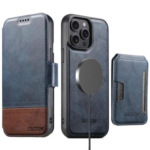 Funda de cuero Suteni Q06S3 3 en 1 con tapa vertical desmontable y cierre magnético para iPhone 15 Pro Max (azul)
