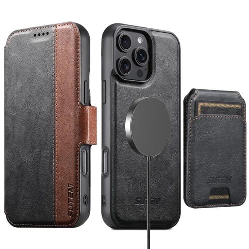 Funda de cuero Suteni Q07S2 3 en 1 con tapa vertical desmontable y cierre MagSafe para iPhone 16 Pro Max (negra)
