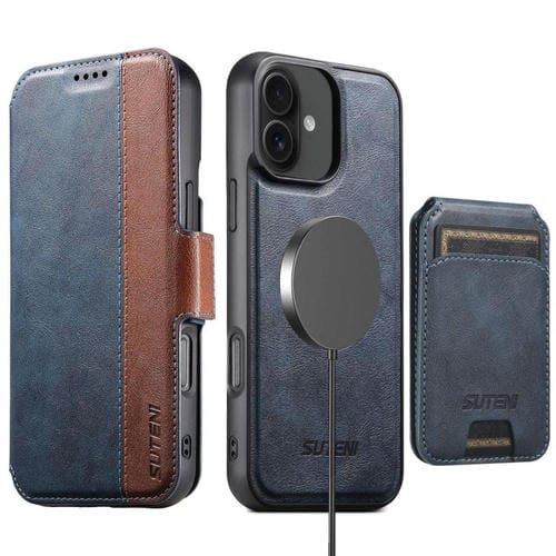 Funda de cuero Suteni Q07S2 3 en 1 con tapa vertical desmontable y cierre MagSafe para iPhone 16 (azul)