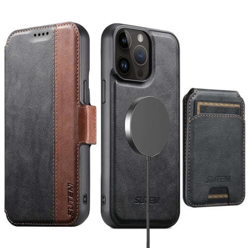 Funda de cuero Suteni Q07S2 3 en 1 con tapa vertical desmontable y cierre MagSafe para iPhone 13 Pro Max (negra)