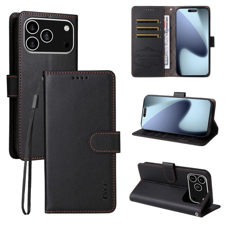 ENKAY - Funda de piel con textura de lichi y función atril para iPhone 17 Pro Max (negro)
