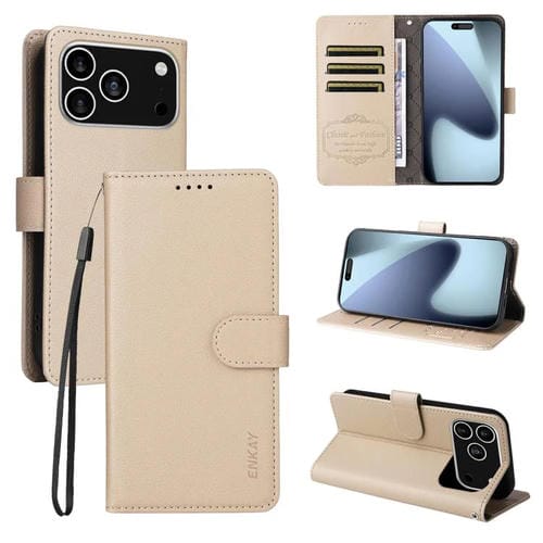 ENKAY - Funda de piel con textura de lichi y bloqueo RFID para iPhone 17 Pro (beige)