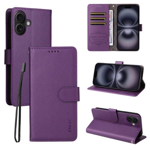 ENKAY - Funda de piel con textura de lichi y bloqueo RFID para iPhone 17 (morado)