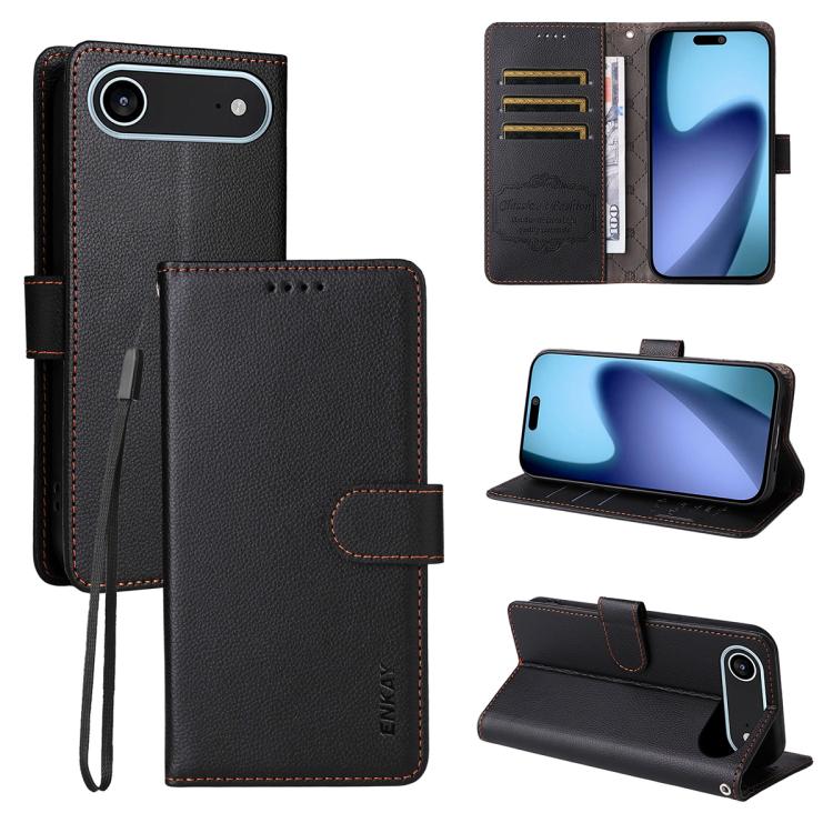 ENKAY - Funda de piel con textura de lichi y bloqueo RFID para iPhone 17 Air (negro)