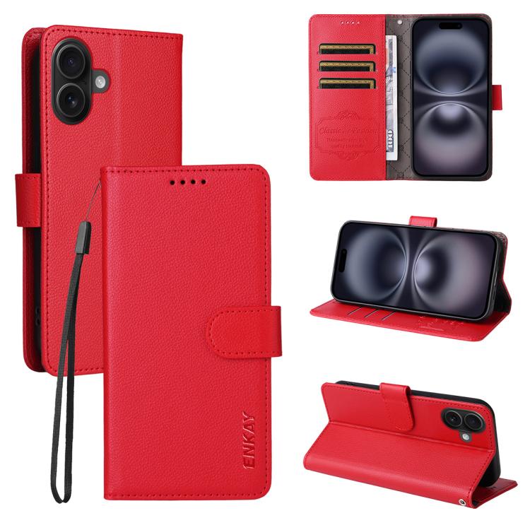 ENKAY - Funda de piel con textura de lichi y bloqueo RFID para iPhone 16 Plus (roja)
