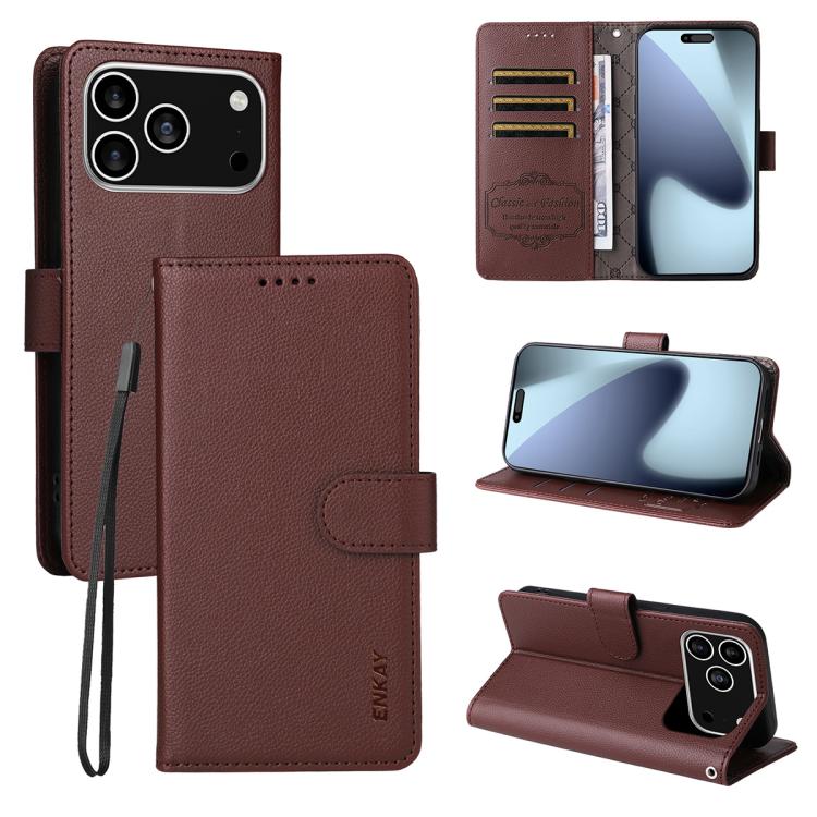 ENKAY - Funda de piel con textura de lichi y bloqueo RFID para iPhone 16e (marrón)