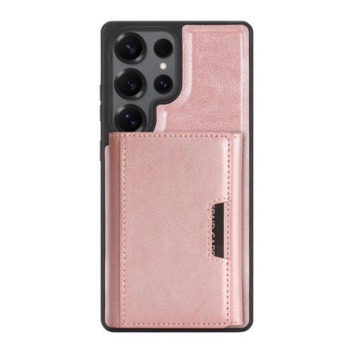 Funda de cuero con tres pliegues y adhesivo lateral para Samsung Galaxy S24 Ultra 5G (rosa y dorado)
