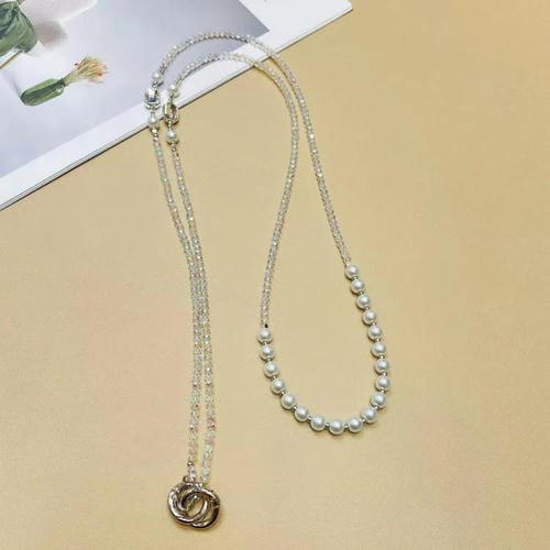 Cadena larga para teléfono móvil con perla de cristal (blanco perlado)