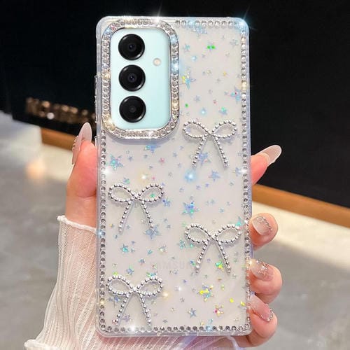 Funda antigolpes con lazo de cuatro esquinas y purpurina de diamante para Samsung Galaxy A17 5G (Estrellas transparentes)