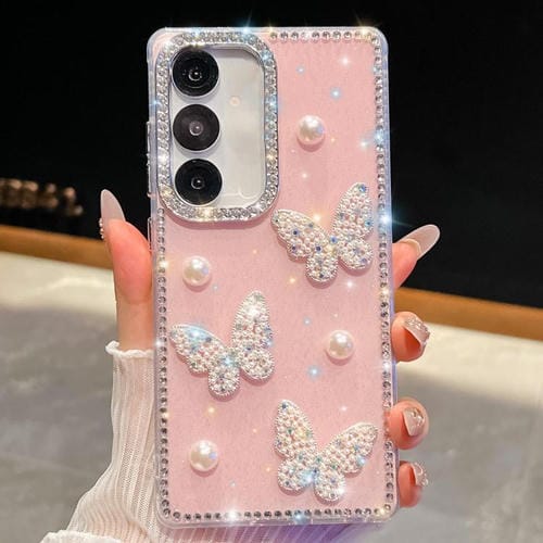 Funda antigolpes con diseño de mariposa y diamantes brillantes en cuatro esquinas para Samsung Galaxy S25+ 5G (rosa claro)
