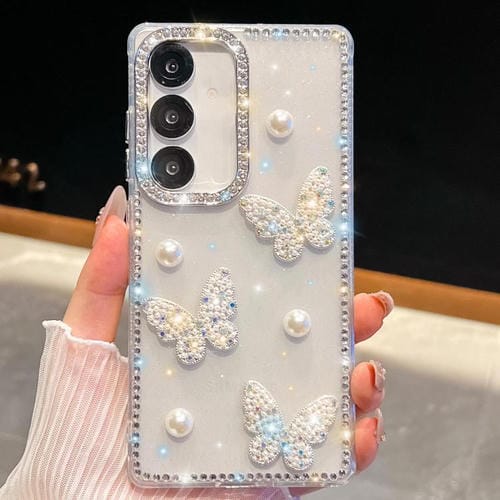 Funda transparente para Samsung Galaxy A35 5G con diseño de mariposa, con purpurina y diamantes en las cuatro esquinas, a prueba de golpes
