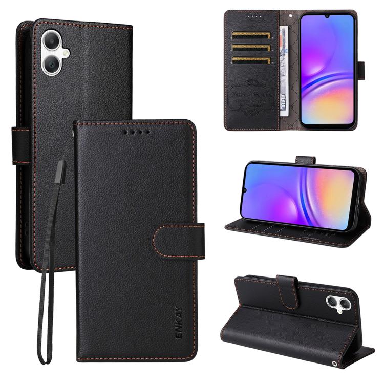 ENKAY - Funda de piel con textura de lichi y funciĂłn atril para Samsung Galaxy A07 4G (negro)