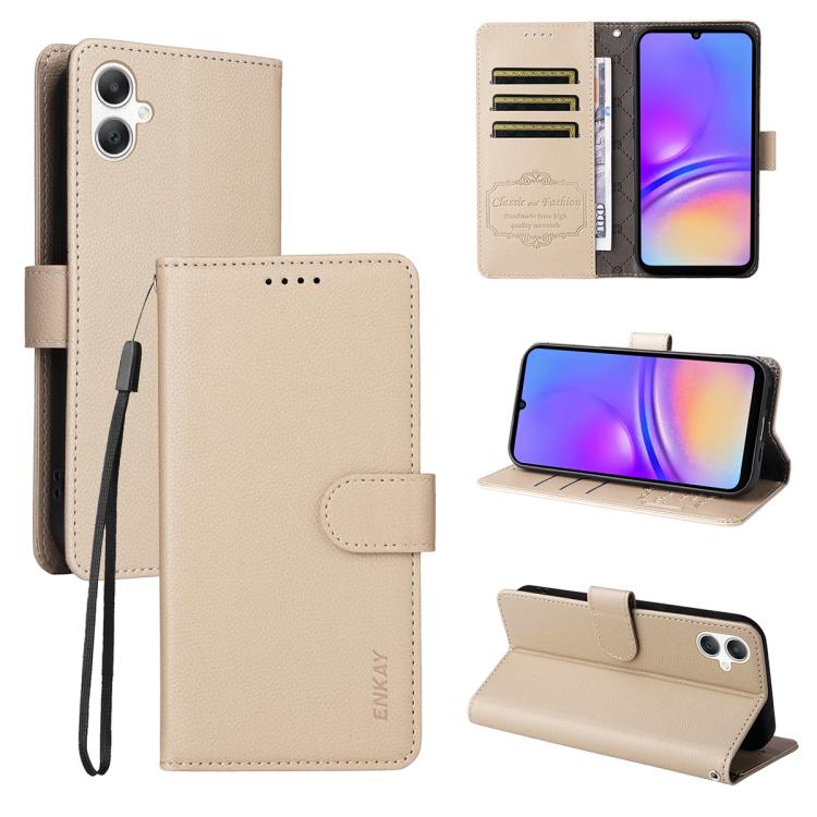 ENKAY - Funda de piel con textura de lichi y funciĂłn atril para Samsung Galaxy A07 4G (beige)