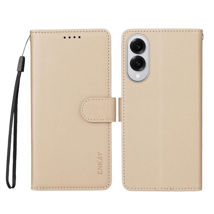ENKAY - Funda de piel con textura de lichi y funciĂłn atril para Samsung Galaxy A07 4G (beige)