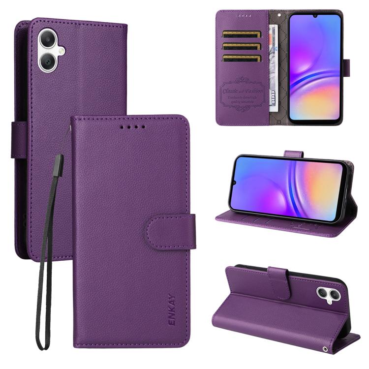ENKAY - Funda de piel con textura de lichi y funciĂłn atril para Samsung Galaxy A07 4G (morado)