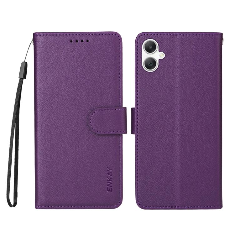 ENKAY - Funda de piel con textura de lichi y funciĂłn atril para Samsung Galaxy A07 4G (morado)