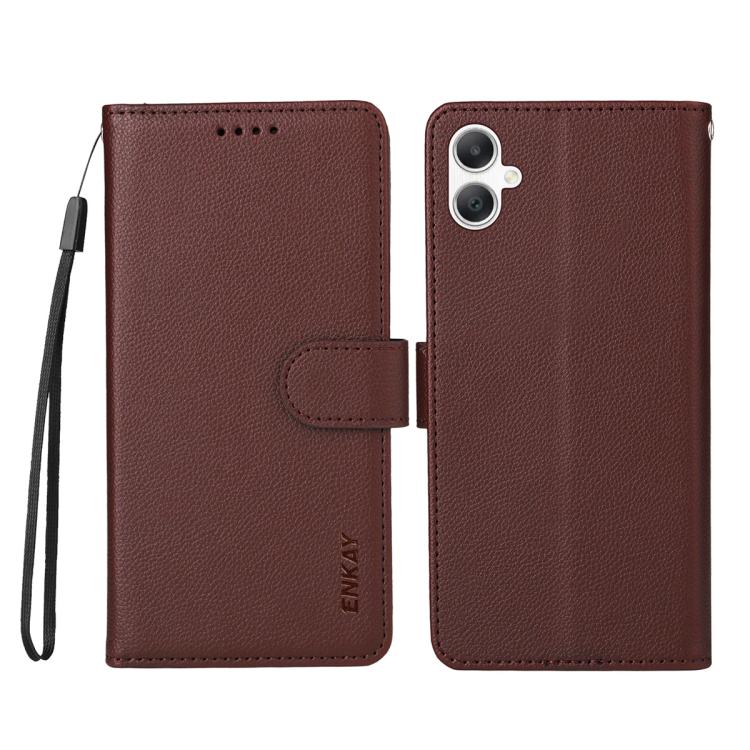 ENKAY - Funda de piel con textura de lichi y funciĂłn atril para Samsung Galaxy A07 4G (marrĂłn)