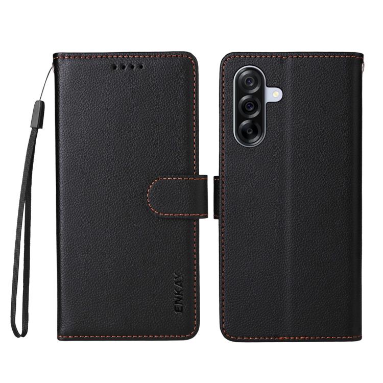 ENKAY - Funda de piel con textura de lichi y funciĂłn atril para Samsung Galaxy A56 5G (negro)