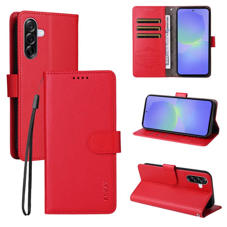 ENKAY - Funda de piel con textura de lichi y funciĂłn atril para Samsung Galaxy A56 5G (color rojo)