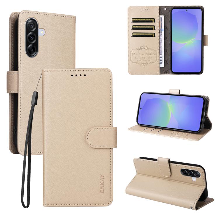 ENKAY - Funda de piel con textura de lichi y funciĂłn atril para Samsung Galaxy A56 5G (beige)