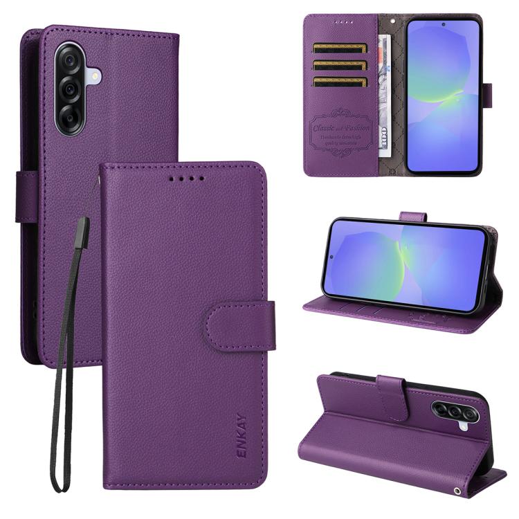ENKAY - Funda de piel con textura de lichi y funciĂłn atril para Samsung Galaxy A56 5G (morado)