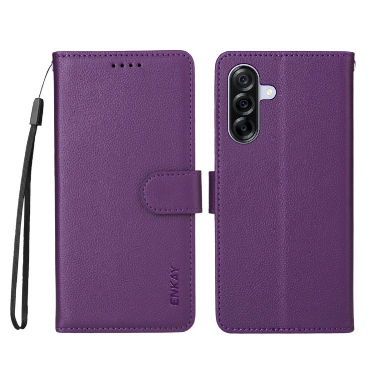 ENKAY - Funda de piel con textura de lichi y funciĂłn atril para Samsung Galaxy A56 5G (morado)