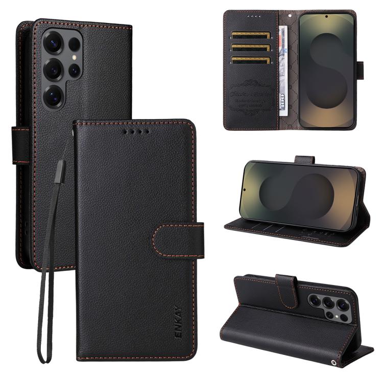 ENKAY - Funda de piel con textura de lichi y funciĂłn atril para Samsung Galaxy S25 Ultra 5G (negro)