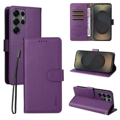 ENKAY - Funda de piel con textura de lichi y función atril para Samsung Galaxy S25 Ultra 5G (morado)