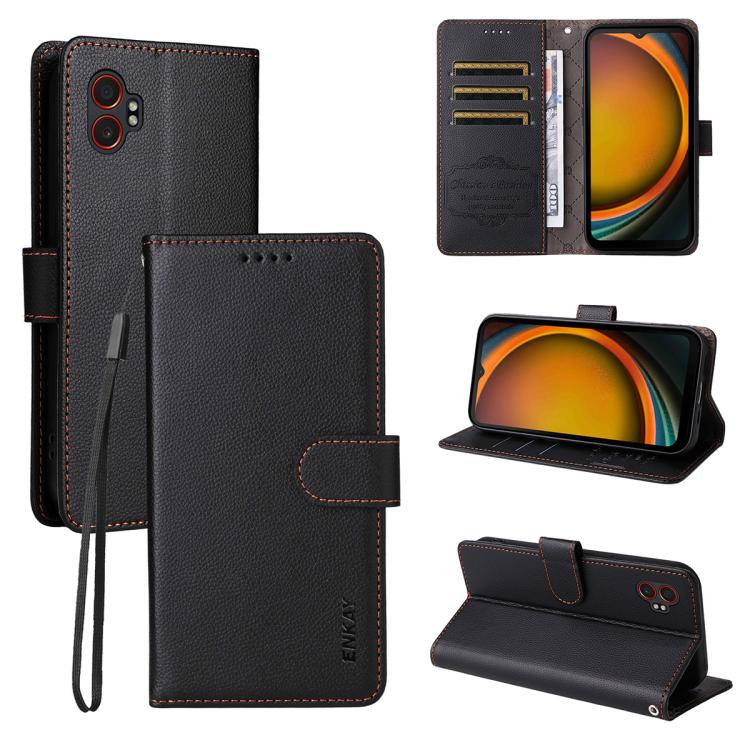 ENKAY - Funda de piel con textura de lichi y funciĂłn atril para Samsung Galaxy Xcover7 Pro (negro)