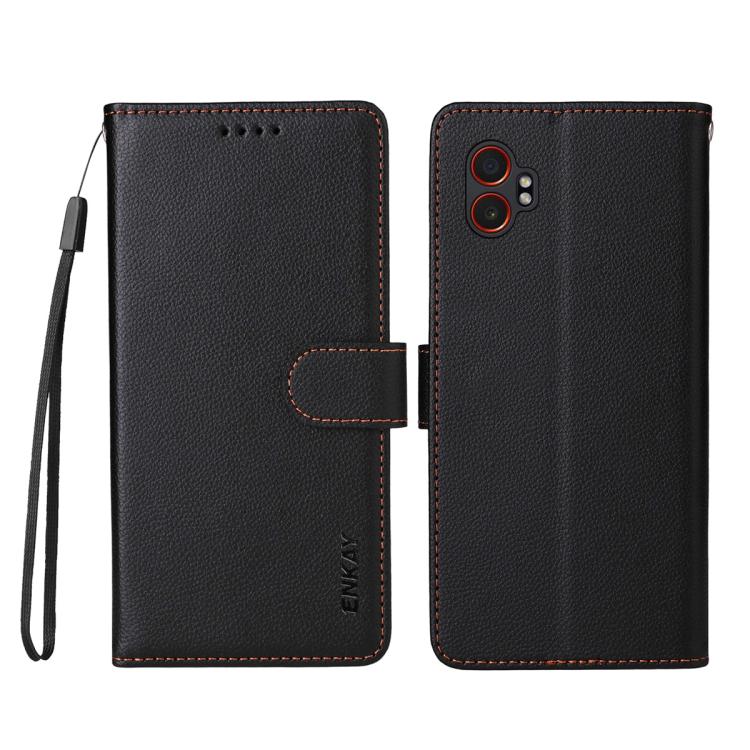ENKAY - Funda de piel con textura de lichi y funciĂłn atril para Samsung Galaxy Xcover7 Pro (negro)