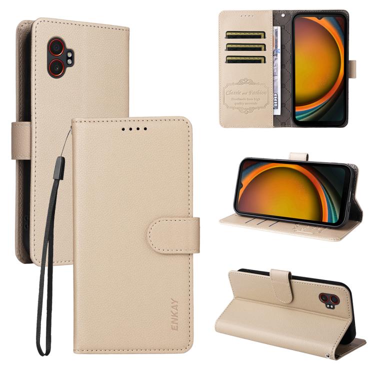 ENKAY - Funda de piel con textura de lichi y funciĂłn atril para Samsung Galaxy Xcover7 Pro (beige)
